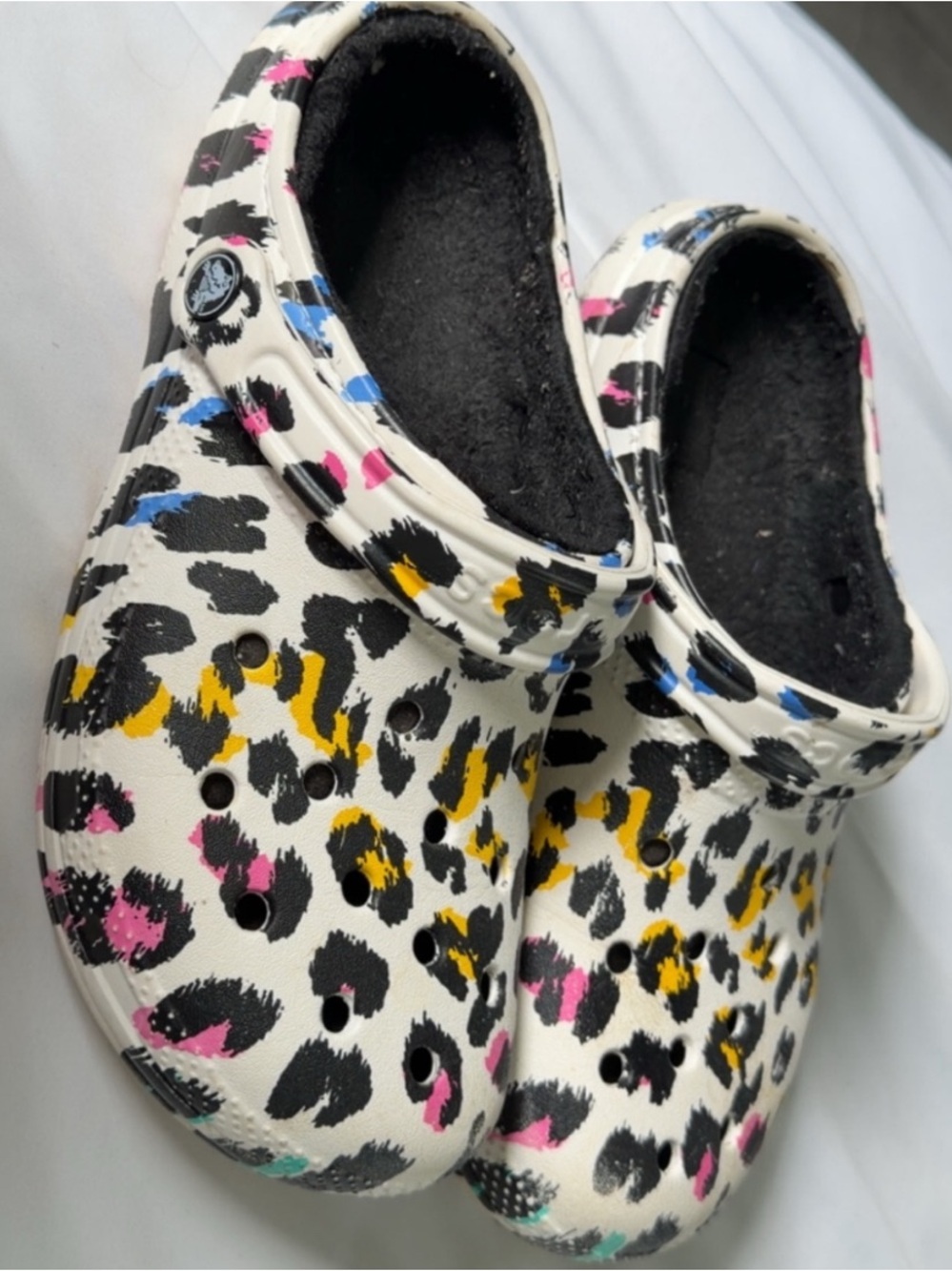 CROCS Women's White Leopard Print Clogs with Pink, Yellow & Blue Accents